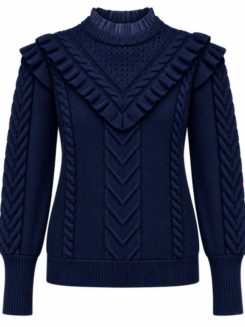 TED BAKER London Denita Cable Knit Ruffle Mock Neck Sweater Navy Blue 0 /XS $240